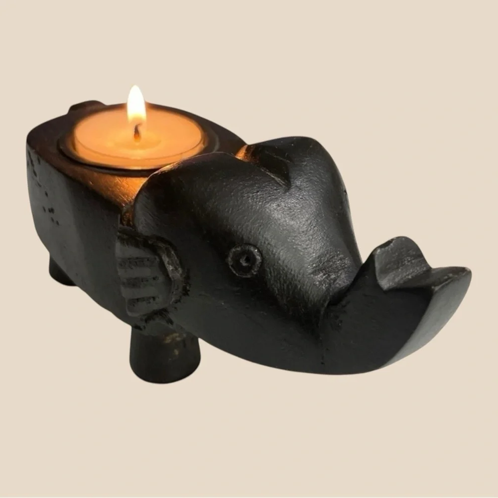 Vintage Black Elephant Tea Light Candle Holder Carved Wood Figurine 7